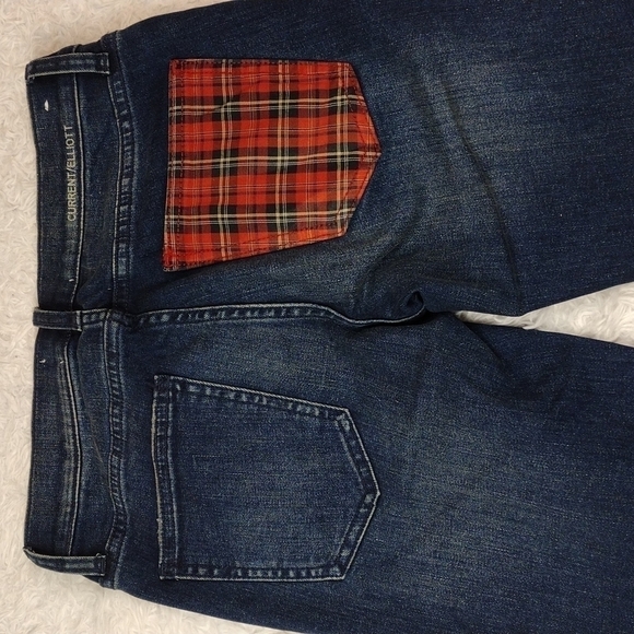 Current/Elliot Blue Dark Wash Mid Rise Plaid Detail Straight Leg Denim Jean - Picture 11 of 14